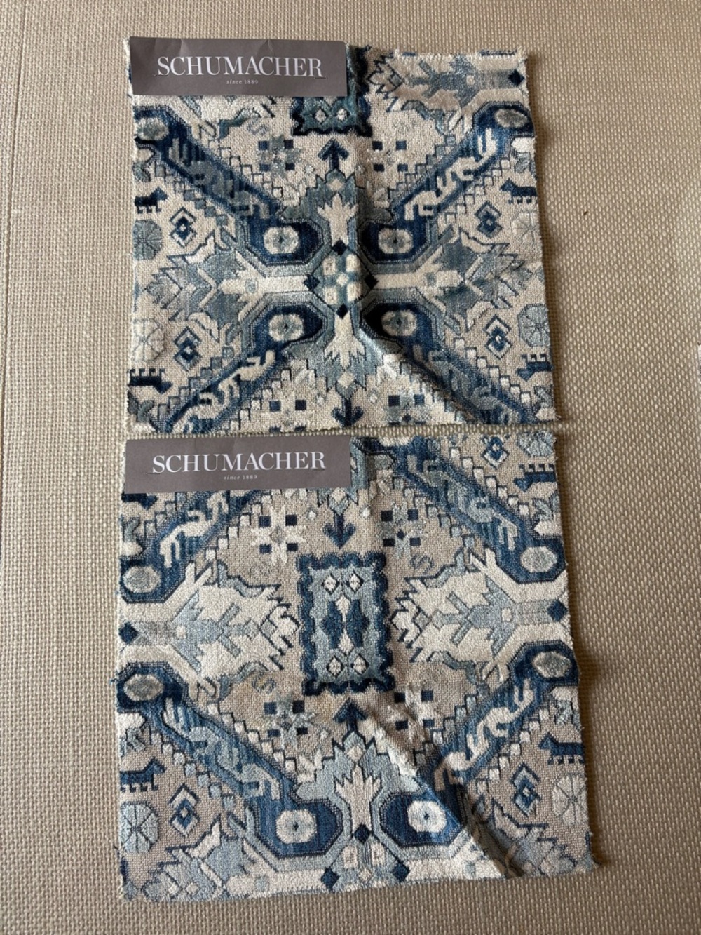 Schumacher two Tiraz Velvet fabric samples - Indigo